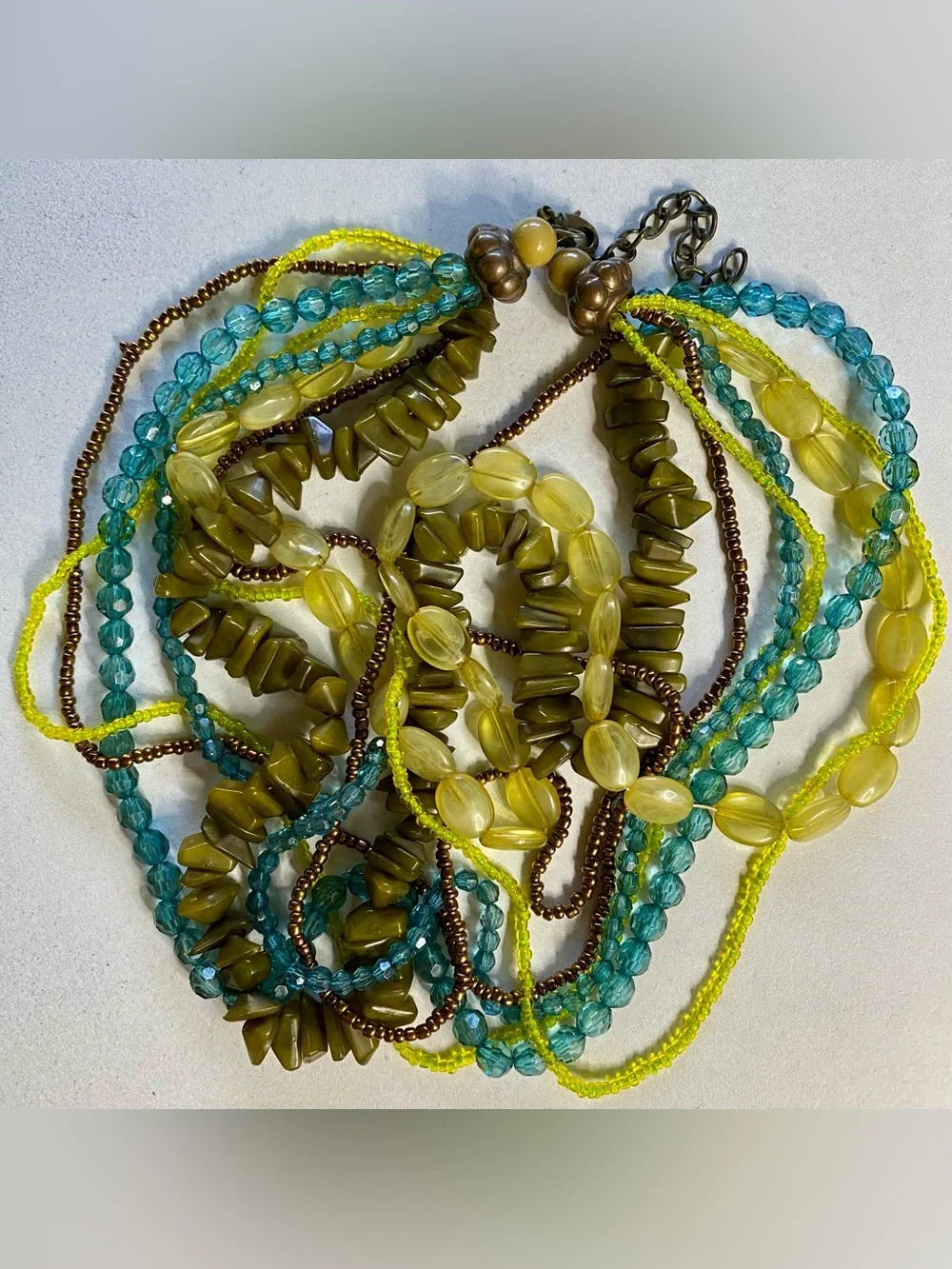 Source Unknown Yellow, Teal & Olive Multi-Strand Beaded Necklace